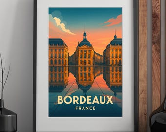Vintage poster Bordeaux France – Illustration Place de la Bourse – Decorative travel poster – Lovers gift Gironde – Travel poster France