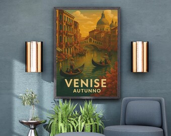 Vintage Venice Autumn Poster – Retro Digital Printable Poster, Italian Wall Decor, Venice Gondola and Canal