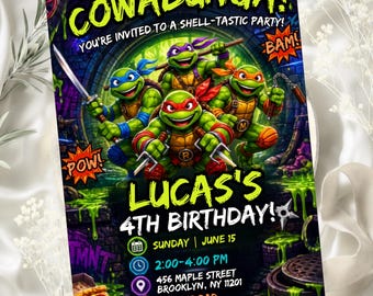 Invitation d'anniversaire Tortues Ninja, Invitation pour une fête d'anniversaire TMNT, Modèle Canva modifiable, Fête pizza, Téléchargement instantané