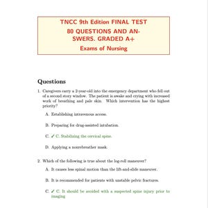 Op de afbeelding: Een pagina uit een studiehandleiding getiteld "TNCC 9th Edition FINAL TEST" met 80 vragen en antwoorden, beoordeeld met A+. De gids bevat vragen over spoedeisende medische zorg, zoals het stabiliseren van de cervicale wervelkolom.