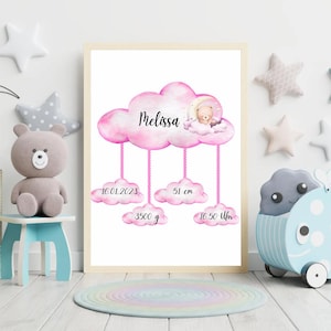 May include: A framed watercolor print featuring a pink cloud design with the name "Melissa". The print includes baby stats: 16.01.2023, 51 cm, 3500 g, and 16.50 Ufm. A teddy bear is nestled in a cloud. The print is in a light wood frame.