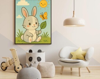 Cute bunny with butterfly | Nursery wall decor | Rabbit nursery decor | Children's decor | Nursery wall mural | Cloud sun