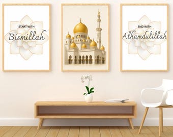 Islamic poster set, mosque mural, living room poster Islam, Islamic mural Start with Bismillah Set,
