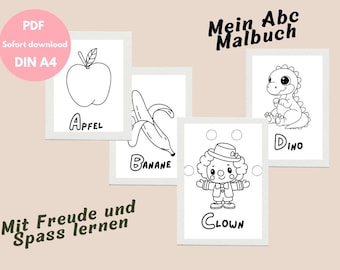 Abc Malvorlage deutsch/Alphabet ausdrucken DIN A4 PDF/26 kreative Ausmalbilder für Kinder Vorschulbuch,Lernbuch, Kita Kindergarten Aktivität
