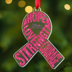 Pink Ribbon Breast Cancer Survivor Ornament – Personalized Hope Love Strength Courage Keepsake Gift