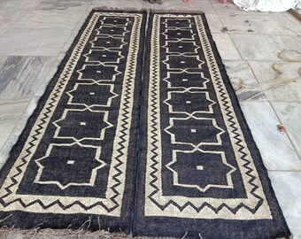 Handwoven Wool Jute Kilim Runner Rug,Modern Geometric Design Dhurrie Rug,Vintage Southwestern Runner-Rug