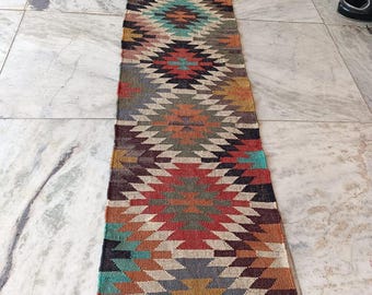Handwoven Wool Jute Kilim Rug, Multicolored Indian Dhurrie Rug