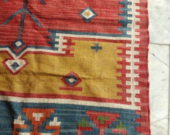 Red Peruvian Rug – Handmade Vintage Runner with Navajo - Moroccan - Southwestern Fusion , Traditional Kilim Rug