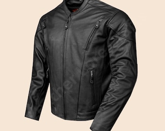 Men Cowhide Leather Racer Jacket: Slim Fit Motorcycle Outerwear