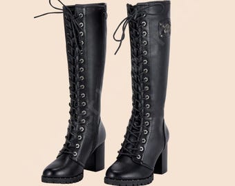 Women Gothic Knee High Boots | PU Leather Lace-Up Platform Boots