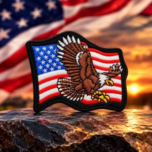 May include: A rectangular embroidered patch featuring a waving American flag design with a brown and white bald eagle in flight across the center. The patch has a thick black border and displays the iconic red, white, and blue colors throughout.
