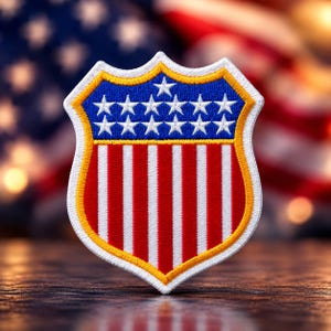 May include: A shield-shaped embroidered patch featuring a blue upper section with thirteen white stars arranged in rows, and a lower section with vertical red and white stripes. The entire design is bordered by a thick yellow and white edge.