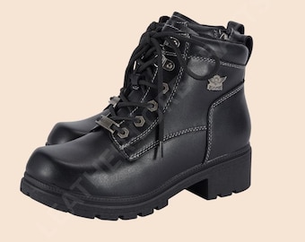 Black PU Leather Ankle Boots: Chunky Heel Motorcycle Combat Boot
