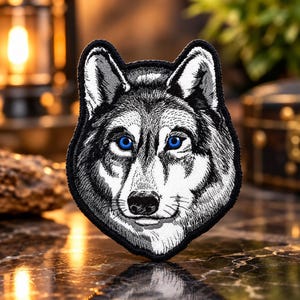 May include: An embroidered patch featuring the head of a wolf with detailed black, white, and gray fur textures. The wolf has striking, vivid blue eyes and a black nose, all outlined by a thick, dark black border in a shield-like shape.