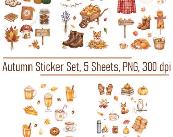 Cozy Autumn Sticker Set: 60 Fall-Themed PNG Clipart (Printable)