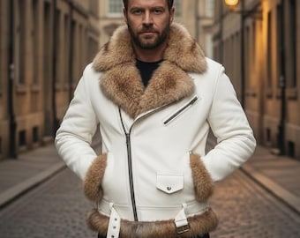 フォックスファーカラーのホワイトレザージャケット - メンズ
