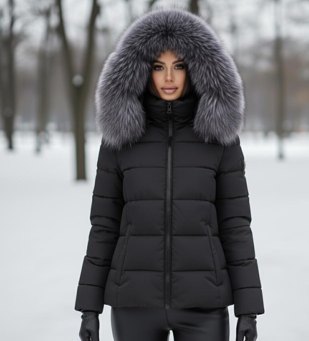 Frauen Lederjacke mit Fuchspelz Kapuze Steppjacke, Vintage