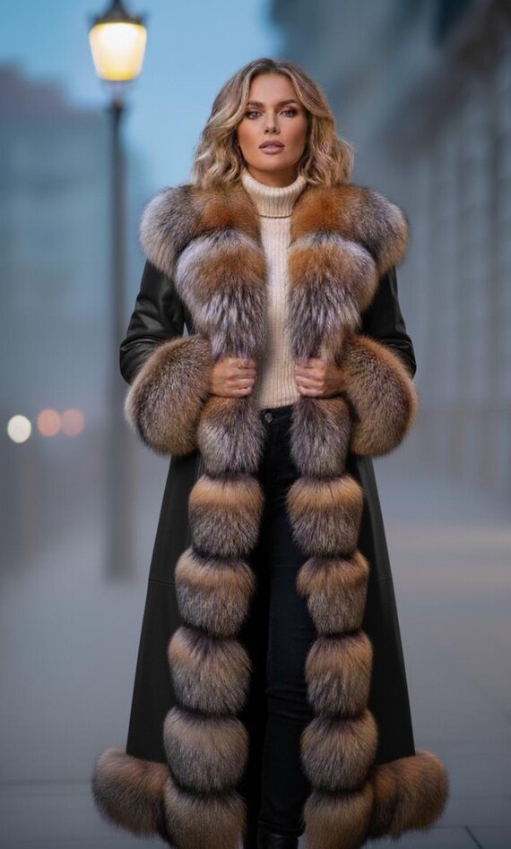 Luxus Damen Ledermantel mit echtem Fuchspelz Besatz Langer