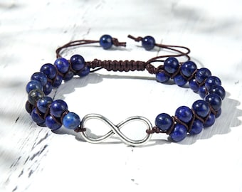 Bracelet symbole de l'infini en lapis lazuli, bracelet de perles de cristal de guérison réglable, cadeau spirituel bohème pour homme femme