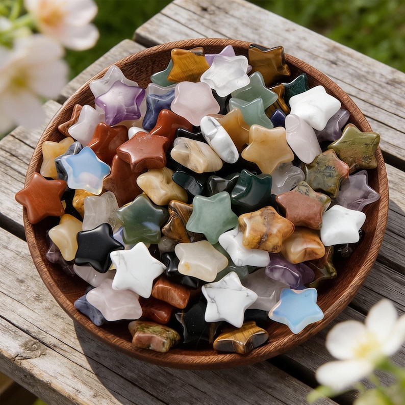 May include: A wooden bowl filled with star-shaped gemstones in various colors, including white, brown, black, green, and blue. The gemstones are arranged on a wooden surface, with flowers in the background.