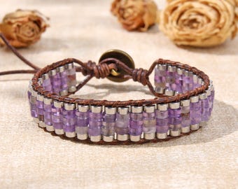 Bracelet en cuir et améthyste, bracelet améthyste et hématite fait main, bijou de protection et de guérison pour femmes et hommes, un cadeau symbolique