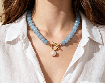 Dainty Blue Jade Beaded Choker, Teardrop Pearl OT Clasp Necklace, Light‑Blue Stone Layering Jewelry, Boho Handmade Wedding Gift For Women