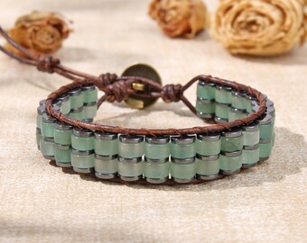 Bracelet en aventurine verte naturelle, bracelet en cuir et hématite fait main, bracelet de protection pour homme, cadeau pour la fête des pères, cadeau pour lui