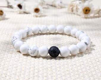 8mm Natural Howlite & Lava Rock Stretch Bracelet, White Gemstone Beaded Bracelet, Unisex Handmade Boho Everyday Jewelry Gift for Him Her