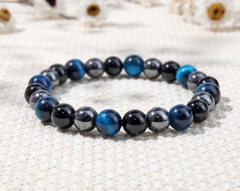 Bracelet extensible en œil de tigre bleu, obsidienne noire et hématite, bracelet de perles de 8 mm pour homme, bijou de protection et d'ancrage, cadeau pour lui