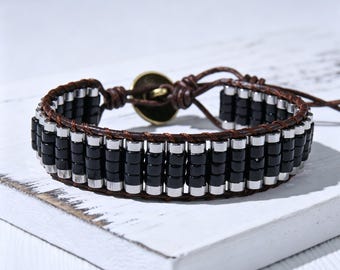 Bracelet de protection en obsidienne, bracelet en cuir noir à perles cylindriques, bracelet bohème pour homme, cadeau de cristal de protection pour lui