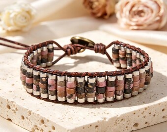 Leather Rhodonite Gemstone Bracelet,Adjustable 4mm Beaded Bracelet,Healing Reiki Yoga Unisex Bracelet,Jewelry Gift