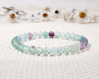 Bracelet extensible en perles de fluorite arc-en-ciel naturelle, pierre précieuse naturelle vert-violet, apaise le stress et favorise l'équilibre intérieur