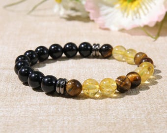 Bracelet triple protection, obsidienne, oeil de tigre, citrine, bracelet attirance pour la richesse, esprit guérisseur, cadeau pour lui