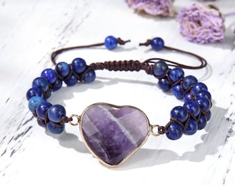 Bracelet de perles en lapis-lazuli - Cœur de pierres précieuses - Bracelet réglable pour femme et homme - Bijoux de guérison - Cadeau pour un amoureux - Saint-Valentin