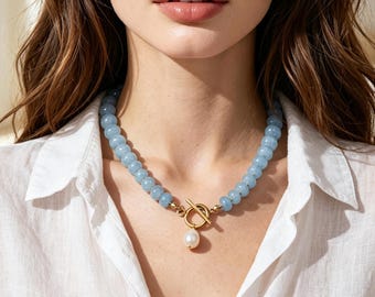 Collier ras du cou délicat en perles de jade bleu, fermoir OT en perle en forme de larme, bijoux superposés en pierre bleu clair, cadeau de mariage bohème fait main pour femme