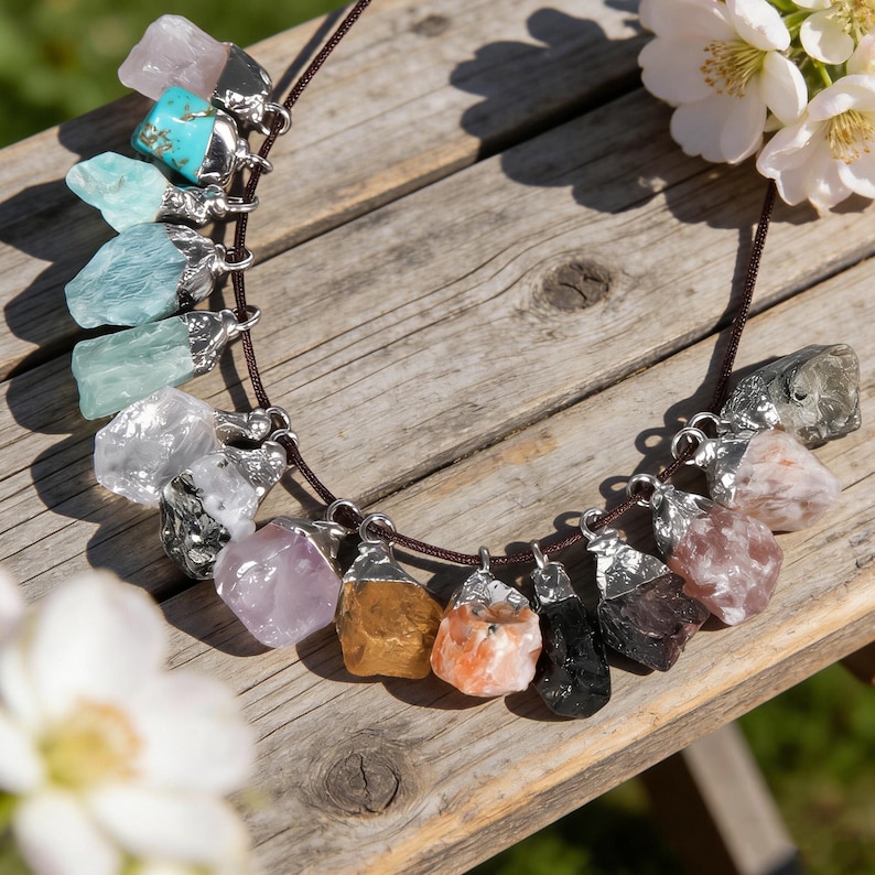 May include: A necklace with a variety of raw gemstones in pink, blue, green, and brown hues. Each stone is held by a silver-coloured metal cap and strung on a brown cord. The necklace is displayed on a wooden surface.