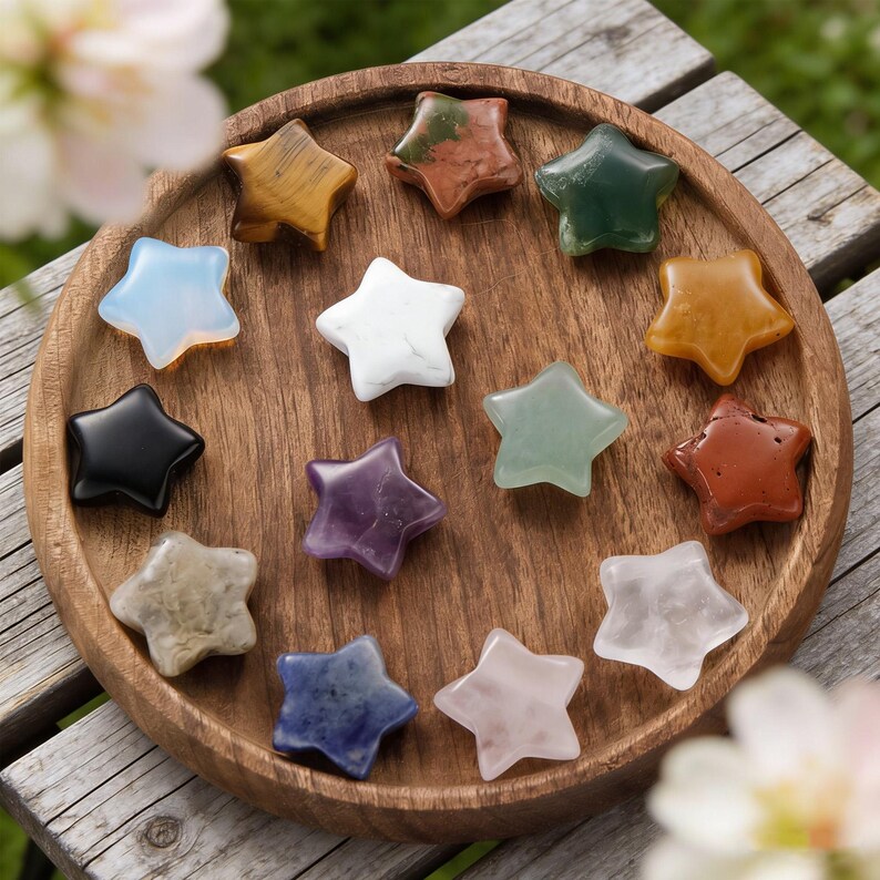 May include: A collection of star-shaped gemstones in various colors, including black, white, purple, and green, arranged on a round wooden tray. The gemstones are polished and have a smooth surface, with natural variations in color and pattern.