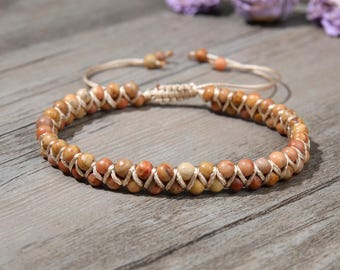 Bracelet en jaspe jaune sédiments marins naturels - Bracelet tressé en pierre de jaspe - Bracelet de pierres précieuses curatives - Cadeau pour homme et femme