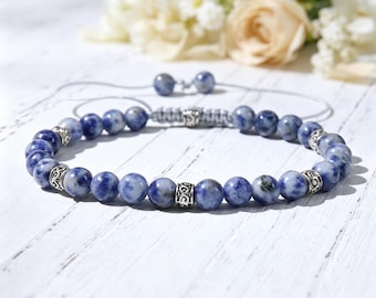 Natural Sodalite Adjustable Bracelet, Women Men Healing Crystal Bracelet, Calming Anxiety Stress Relief Bracelet, Handmade Spiritual Gift