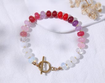 Bracelet à fermoir à bascule en pierres précieuses rondelles multicolores arc-en-ciel, 8 mm, bracelet coloré à porter au quotidien, cadeau idéal pour les fêtes.