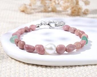Bracelet délicat en rhodonite roulée et aventurine verte, bracelet ajustable en perles d'eau douce, bijou bohème fait main pour femme