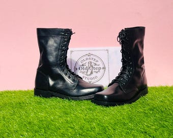 Vintage Black Leather Combat Boots – Wide Toe Box Anatomical Custom Fit