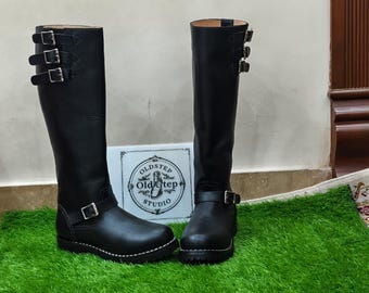 Handcrafted 20” Leather Engineer Boots – Triple Buckle Motorcycle & Work Boots