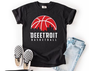 Camiseta vintage de baloncesto de Detroit, camiseta retro juvenil de Michigan, silueta clásica de la ciudad, conjunto ideal para aficionados al día del partido, ropa deportiva para niños.