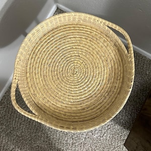 Handwoven Palm Leaf Tray: Round Boho Serving Basket with Handles