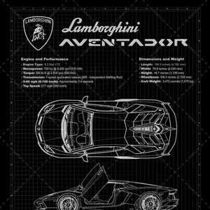 May include: A black and white blueprint of a Lamborghini Aventador, showcasing multiple views of the car. The image includes engine details and dimensions, with a length of 4,780 mm (190.0 inches).