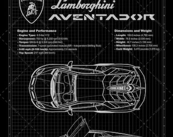 Lamborghini Aventador Blueprint: Laser Engraved Aluminum Technical