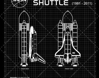 SPACE SHUTTLE Laser Engraved on Black Anodized Aluminum – Spacecraft Blueprint – Detailed Technical Wall Art