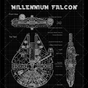 Puede incluir: Ilustración tipo plano del Halcón Milenario, con vistas frontal, superior, lateral y trasera. El diseño está en líneas blancas sobre un fondo de cuadrícula negra, con etiquetas. El texto "MILLENNIUM FALCON" está en la parte superior.