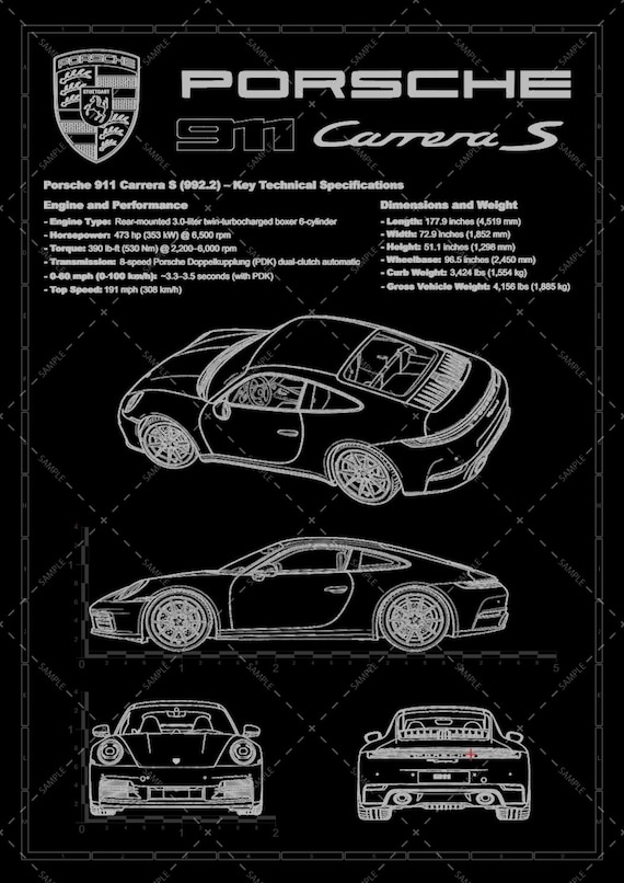 Porsche 911 Carrera S Blueprint – Laser Engraved Anodized Aluminum